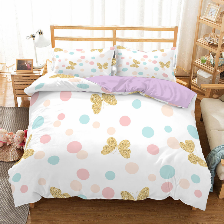 3D digital printing three piece princess bed stripe butterfly quilt cover pillow case