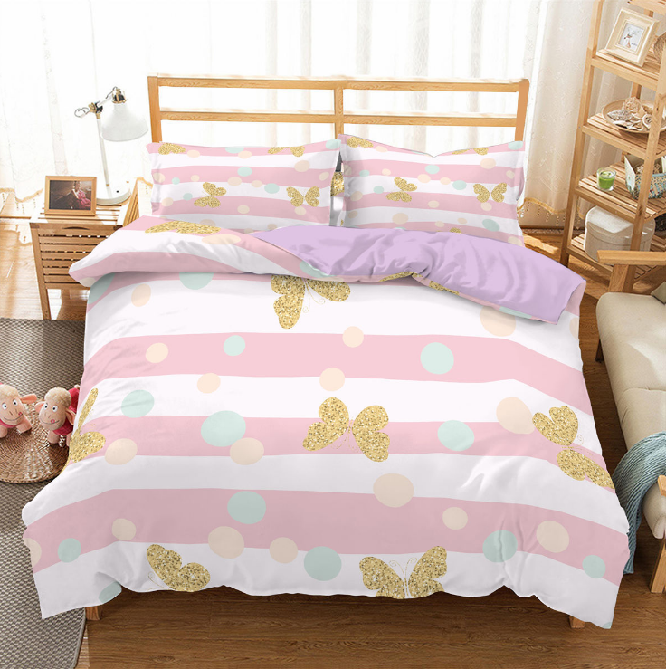 3D digital printing three piece princess bed stripe butterfly quilt cover pillow case