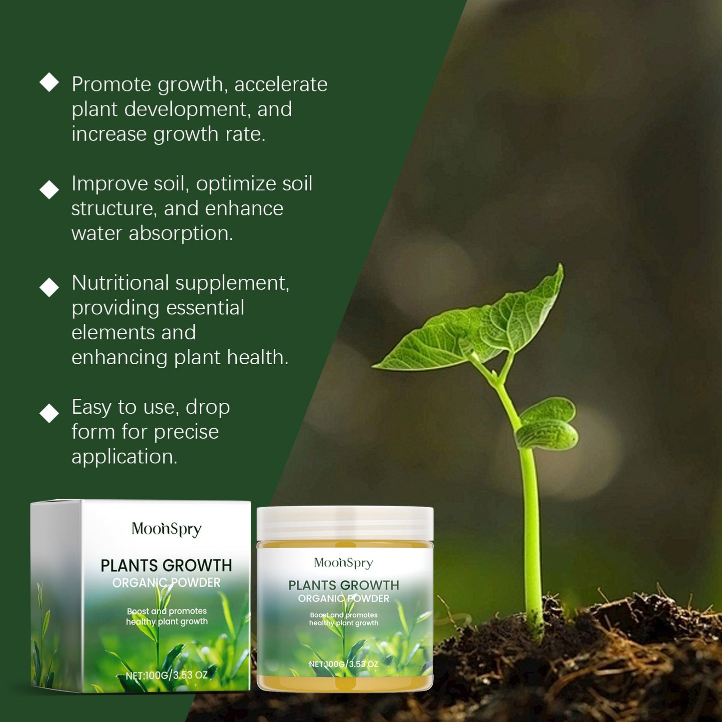 MoonSpry Plant Growth Nutrient Suopplement powder for soil conditioning, plant growth , flowers, and fruits