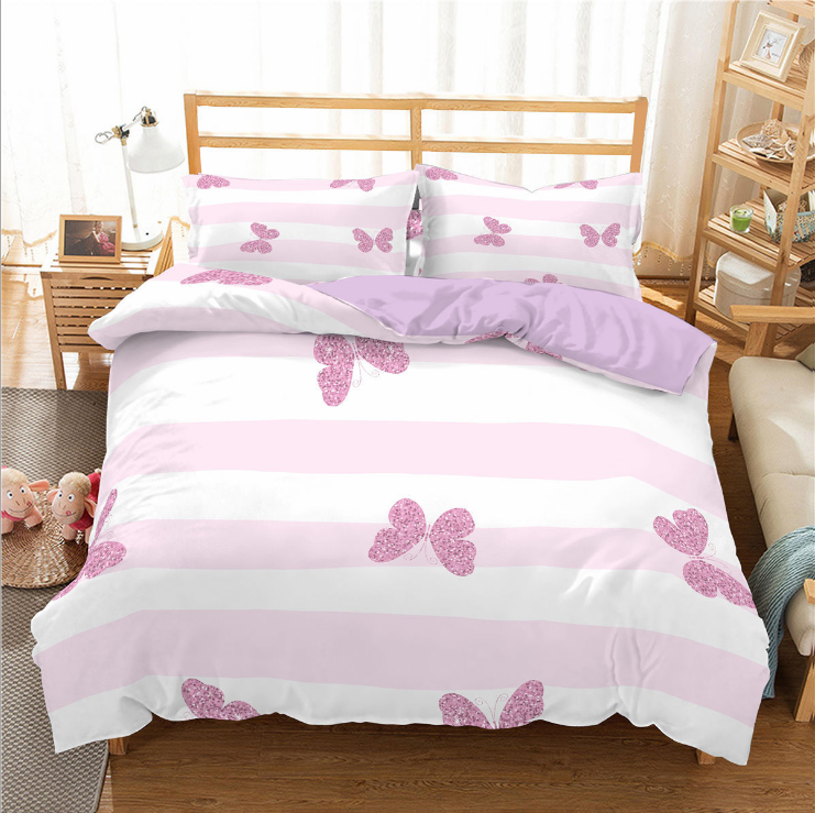 3D digital printing three piece princess bed stripe butterfly quilt cover pillow case