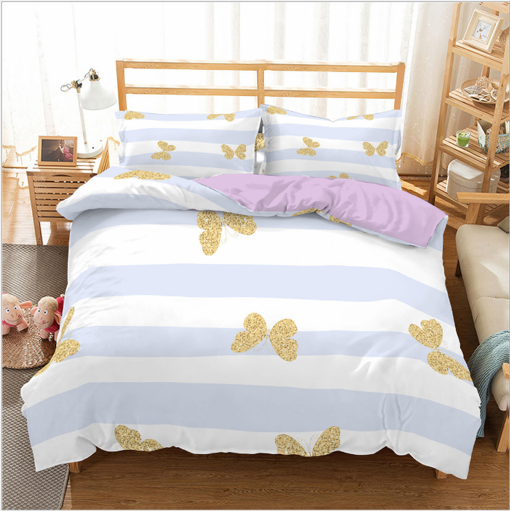 3D digital printing three piece princess bed stripe butterfly quilt cover pillow case