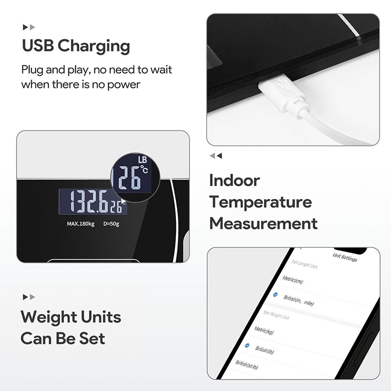 ميزان ذكي بلوتوث مع تطبيق، تحليل كامل الجسم، iOS/Android، 180 كجم، دقة عالية للياقة البدنية.