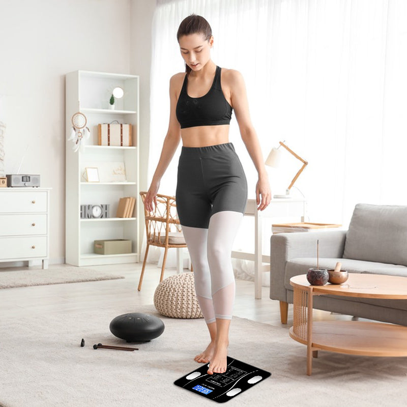 ميزان ذكي بلوتوث مع تطبيق، تحليل كامل الجسم، iOS/Android، 180 كجم، دقة عالية للياقة البدنية.