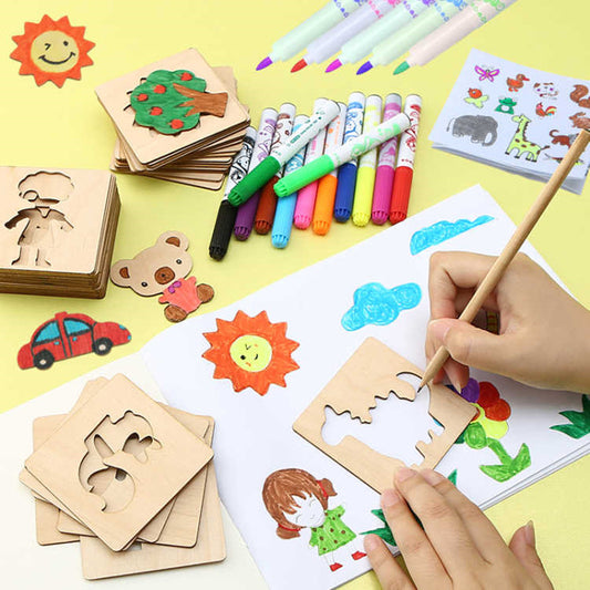 مجموعة قوالب الرسم الخشبية للأطفال لمرحلة الروضة والمرحلة الابتدائية، لعبة جرافيتي مجوفة للأولاد والبنات، مجموعة أدوات الرسم