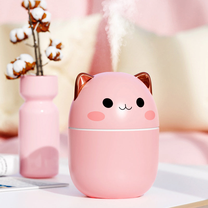 مرطب هواء على شكل قطة لطيفة، صامت للغاية، مزود بمنفذ USB للمكتب أو المنزل أو غرفة النوم أو السيارة، مع رذاذ ضباب بارد بتقنية LED